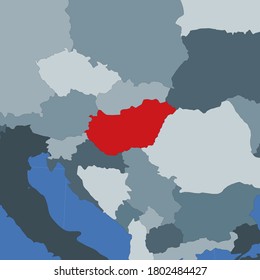 Shape of Hungary in the context of neighboring countries. Country highlighted with red color on world map. Hungary map template. Vector illustration.