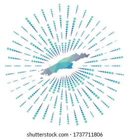 Shape of Hydra, polygonal sunburst. Map of the island with colorful star rays. Hydra illustration in digital, technology, internet, network style. Vector illustration.