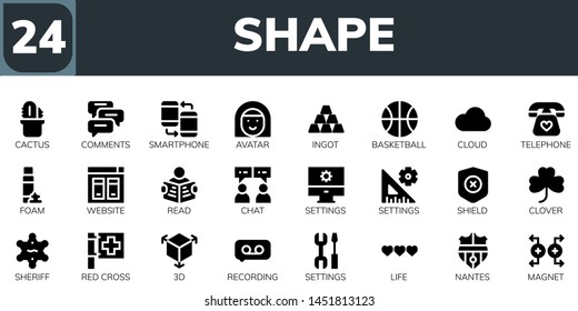 shape icon set. 24 filled shape icons.  Simple modern icons about  - Cactus, Comments, Smartphone, Avatar, Ingot, Basketball, Cloud, Telephone, Foam, Website, Read, Chat, Settings