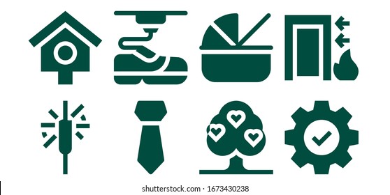 shape icon set. 8 filled shape icons.  Simple modern icons such as: Sparkler, Bird house, Tie, 3d, Tree, Cradle, Settings, Exit