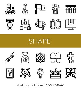 conjunto de iconos de forma. Colección de Arquero, Insignia, Guitarra Acústica, Compartir, Bandera, Rope, Spray, Cracels, Filtro de agua, Libro, Junta, Juego de cartas, Bolsa de dinero, Engranaje, Filosofía, Iconos Roses