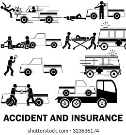Shape icons about pedestrian hit by pic up truck And call for emergency vehicles Claim receipt of insurance and the towing truck service.