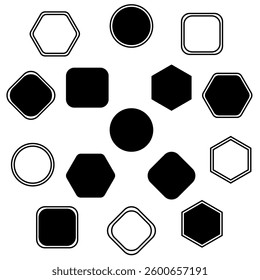 Shape icons in black and white. Modern abstract shape set in black. Hexagon, circle, and square shape icons