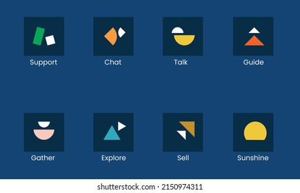 Shape icons concept for showing support, chat, talk, guide, gather, explore, sell, and sunshine. Icons are made using different shapes like rectangles, semi-circle, and triangles. 