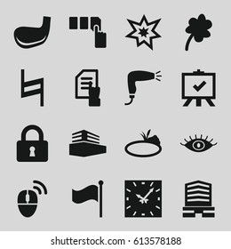 Shape icons set. set of 16 shape filled icons such as hair dryer, eye, Clover, push button, business center, pointing on document, board, lock, flag, pause, documents box