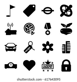 Shape icons set. set of 16 shape filled icons such as beet, lock, flower, tag, Jackpot, car, cargo tag, music note, pizza, building, home signal, gold flag, clock