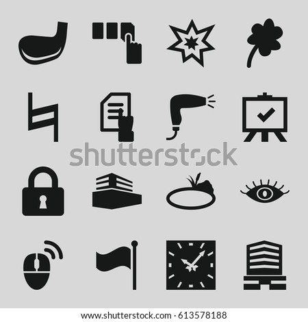 Shape icons set. set of 16 shape filled icons such as hair dryer, eye, Clover, push button, business center, pointing on document, board, lock, flag, pause, documents box