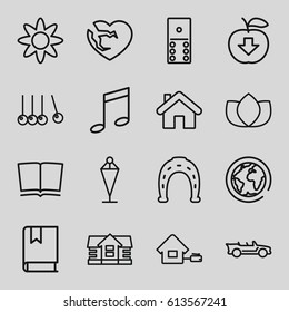 Shape icons set. set of 16 shape outline icons such as house, lotus, Horseshoe, flag, broken heart, cabriolet, home, book, flower, cradle, apple download, planet, domino