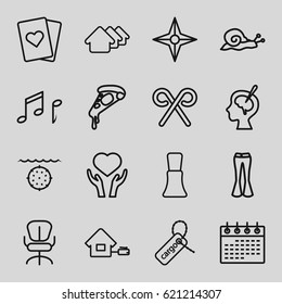 Shape icons set. set of 16 shape outline icons such as snail, house, nail polish, woman pants, calendar, office chair, pizza, heart on hand, cargo tag, brain surgery