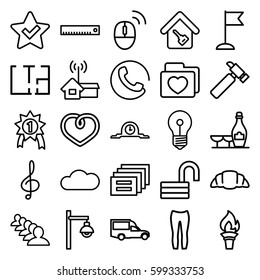 shape icons set. Set of 25 shape outline icons such as call, champagne and wine glasses, woman pants, group, opened lock, hummer, van, croissant, flag, heart