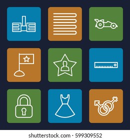 shape icons set. Set of 9 shape outline icons such as towels, dress, male and female, favourite user, builidng, car, ruler, flag
