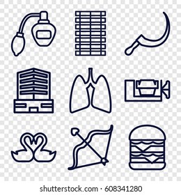 Shape icons set. set of 9 shape outline icons such as perfume, business center, vice clamp, double burger, scythe, swan heart, bow, lungs