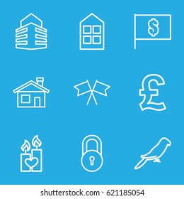 Shape icons set. set of 9 shape outline icons such as lock, parrot, house building, window, candle heart, flag, building, flag with dollar