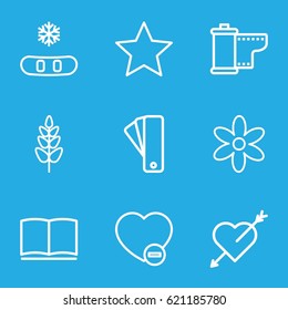Shape icons set. set of 9 shape outline icons such as tag, flower, plant, minus favorite, book, camera tape, star, heart with arrow