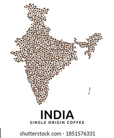 Shape Of India Map Made Of Scattered Coffee Beans, Country Name Below