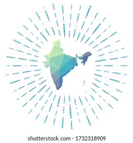 Shape of India, polygonal sunburst. Map of the country with colorful star rays. India illustration in digital, technology, internet, network style. Vector illustration.