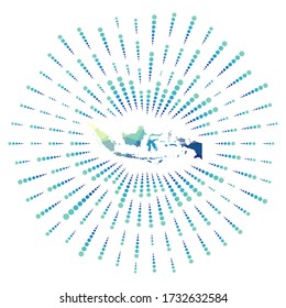 Forma de Indonesia, explosión poligonal. Mapa del país con coloridos rayos de estrellas. Ilustración indonesia en digital, tecnología, internet, estilo de red. Ilustración vectorial.