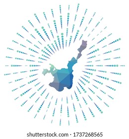 Shape of Ishigaki, polygonal sunburst. Map of the island with colorful star rays. Ishigaki illustration in digital, technology, internet, network style. Vector illustration.