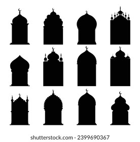 Gestalten Sie islamische Tür und arabischen Fensterbogen. Vektorislamische Türen und Fensterformen. Arabische Tür und Fenster, Vektorsilhouette. Sammlung orientalischen Stils. Islamische Vektorformen eines Fensters oder eines Türbogens