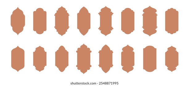 Forma Puerta islámica. Ramadan Kareem enmarca la colección. Arcos decorativos de Eid Mubarak. Arquitectura árabe. Ilustración vectorial tradicional en estilo oriental.