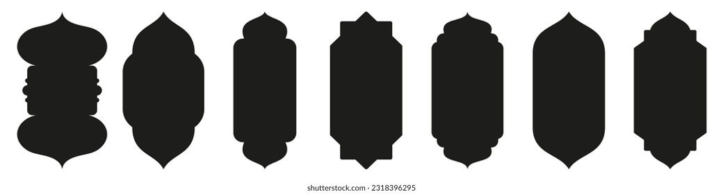 Forma la puerta islámica y la silueta de la ventana arco árabe. Colección de patrones de estilo oriental. Marcos de diseño árabe musulmán para Ramadan Kareem. Forma de la puerta de la mezquita vectorial aislada en fondo blanco