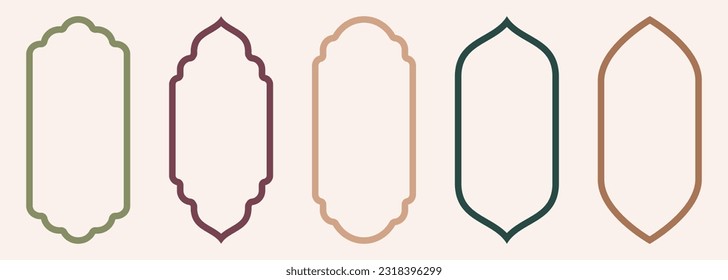 Shape Islamic door and window silhouette Arabic arch. Collection of patterns in oriental style. Frames in Arabic Muslim design for Ramadan Kareem. Vector mosque gate stroke isolated on white