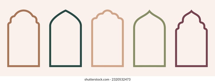 Shape Islamic door and window silhouette Arabic arch. Collection of patterns in oriental style. Frames in Arabic Muslim design for Ramadan Kareem. Vector mosque gate stroke isolated on white