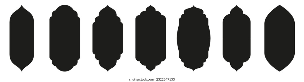 Shape Islamic door and window silhouette Arabic arch. Collection of patterns in oriental style. Frames in Arabic Muslim design for Ramadan Kareem. Vector mosque gate shape isolated on white background