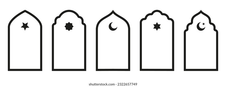 Gestalten Sie islamische Tür und Fenster Silhouette Arabischer Bogen mit Symbolen . Kollektion von Mustern im orientalischen Stil. Rahmen in arabischen Moslems für Ramadan Kareem. Vektor-Moschee-Tor-Hub, einzeln auf weiß.