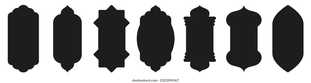 Forma la puerta islámica y la silueta de la ventana arco árabe. Colección de patrones de estilo oriental. Marcos de diseño árabe musulmán para Ramadan Kareem. Forma de la puerta de la mezquita vectorial aislada en fondo blanco