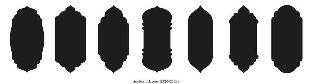 Forma la puerta islámica y la silueta de la ventana arco árabe. Colección de patrones de estilo oriental. Marcos de diseño árabe musulmán para Ramadan Kareem. Forma de la puerta de la mezquita vectorial aislada en fondo blanco