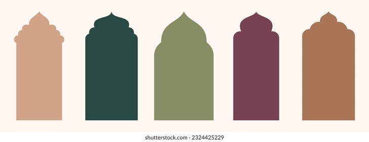 Shape Islamic door and window silhouette Arabic arch. Collection of patterns in oriental style. Frames in Arabic Muslim design for Ramadan Kareem. Vector mosque gate shape isolated on white background