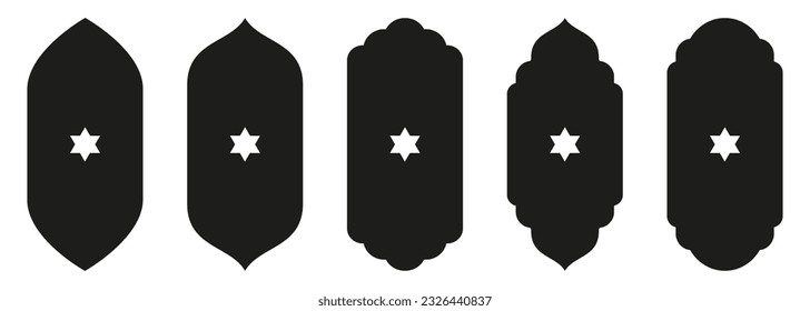 Gestalten Sie islamische Tür und Fenster Silhouette Arabischer Bogen mit Symbolen . Kollektion von Mustern im orientalischen Stil. Rahmen in arabisch-muslimischem Design für Ramadan Kareem. Vektor-Moschee-Tor einzeln auf Weiß.