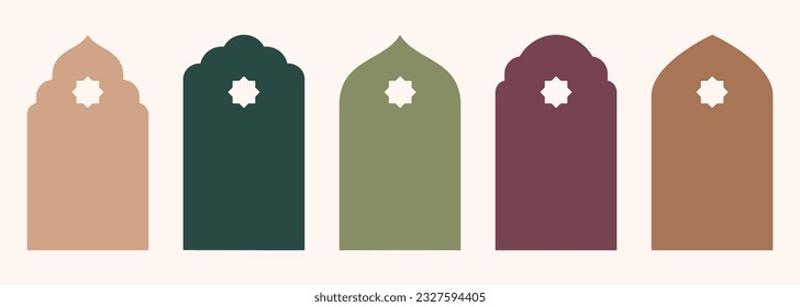Shape Islamic door and window silhouette Arabic arch with symbols . Collection of patterns in oriental style. Frames in Arabic Muslim design for Ramadan Kareem. Vector mosque gate isolated on white.