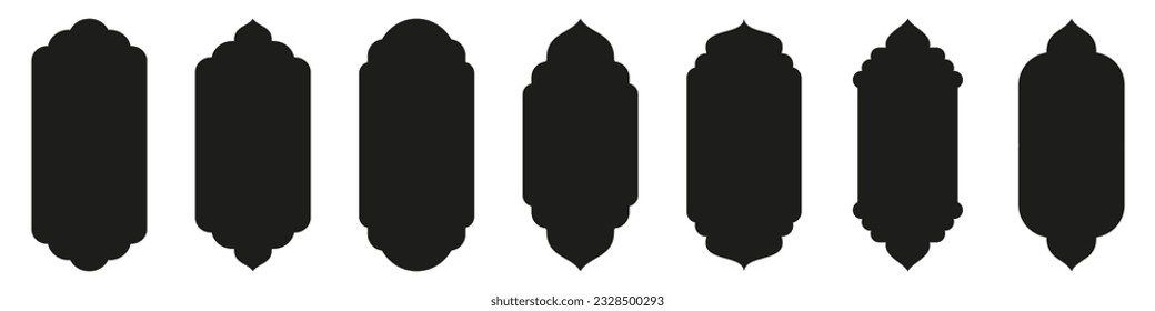 Gestalten Sie islamische Tür und Fenster Silhouette arabischer Bogen. Kollektion von Mustern im orientalischen Stil. Rahmen in arabisch-muslimischem Design für Ramadan Kareem. Vektor-Moschee-Tor-Form einzeln auf weißem Hintergrund