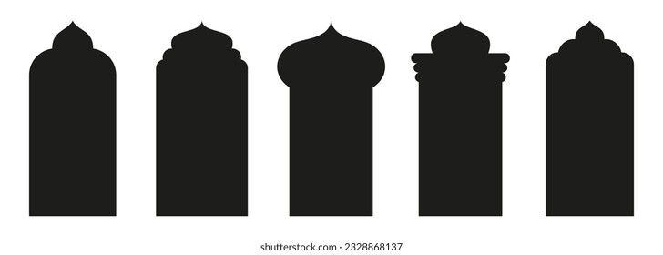 Shape Islamic door and window silhouette Arabic arch. Collection of patterns in oriental style. Frames in Arabic Muslim design for Ramadan Kareem. Vector mosque gate shape isolated on white background