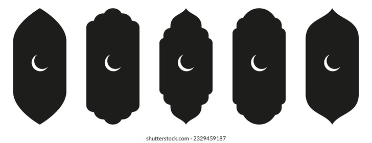 Shape Islamic door and window silhouette Arabic arch with symbols . Collection of patterns in oriental style. Frames in Arabic Muslim design for Ramadan Kareem. Vector mosque gate isolated on white.