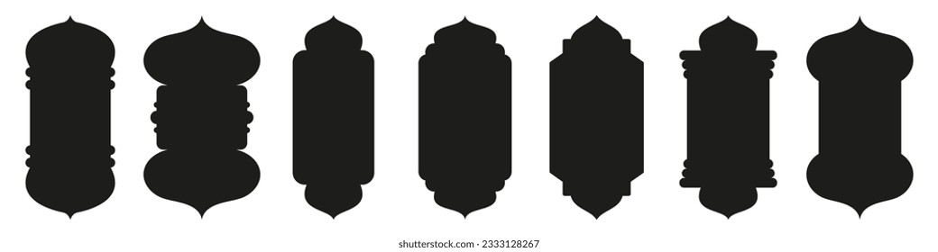 Forma la puerta islámica y la silueta de la ventana arco árabe. Colección de patrones de estilo oriental. Marcos de diseño árabe musulmán para Ramadan Kareem. Forma de la puerta de la mezquita vectorial aislada en fondo blanco