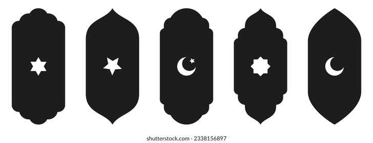 Gestalten Sie islamische Tür und Fenster Silhouette Arabischer Bogen mit Symbolen . Kollektion von Mustern im orientalischen Stil. Rahmen in arabisch-muslimischem Design für Ramadan Kareem. Vektor-Moschee-Tor einzeln auf Weiß.