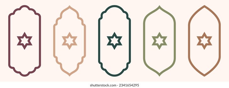 Shape Islamic door and window silhouette Arabic arch with symbols . Collection of patterns in oriental style. Frames in Arabic Muslim for Ramadan Kareem. Vector mosque gate stroke isolated on white.