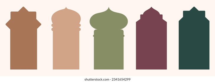 Shape Islamic door and window silhouette Arabic arch. Collection of patterns in oriental style. Frames in Arabic Muslim design for Ramadan Kareem. Vector mosque gate shape isolated on white background