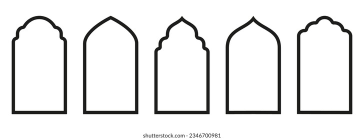Shape Islamic door and window silhouette Arabic arch. Collection of patterns in oriental style. Frames in Arabic Muslim design for Ramadan Kareem. Vector mosque gate stroke isolated on white