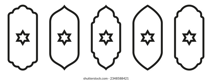 Shape Islamic door and window silhouette Arabic arch with symbols . Collection of patterns in oriental style. Frames in Arabic Muslim for Ramadan Kareem. Vector mosque gate stroke isolated on white.