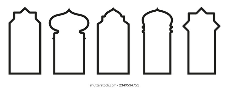 Shape Islamic door and window silhouette Arabic arch. Collection of patterns in oriental style. Frames in Arabic Muslim design for Ramadan Kareem. Vector mosque gate stroke isolated on white