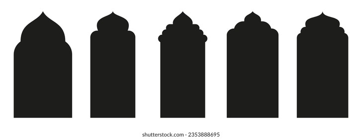 Shape Islamic door and window silhouette Arabic arch. Collection of patterns in oriental style. Frames in Arabic Muslim design for Ramadan Kareem. Vector mosque gate shape isolated on white background