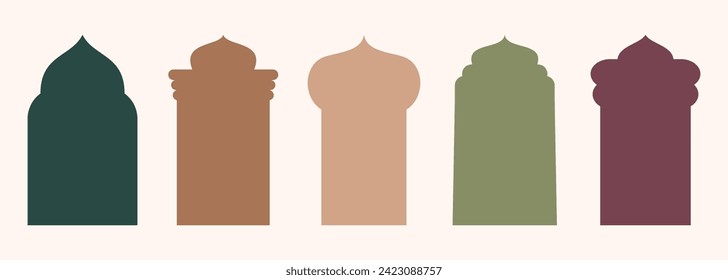 Shape Islamic door and window silhouette Arabic arch. Collection of patterns in oriental style. Frames in Arabian Muslim design for Ramadan Kareem. Vector mosque gate shape isolated on white