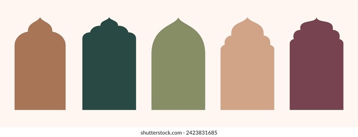 Shape Islamic door and window silhouette Arabic arch. Collection of patterns in oriental style. Frames in Arabian Muslim design for Ramadan Kareem. Vector mosque gate shape isolated on white