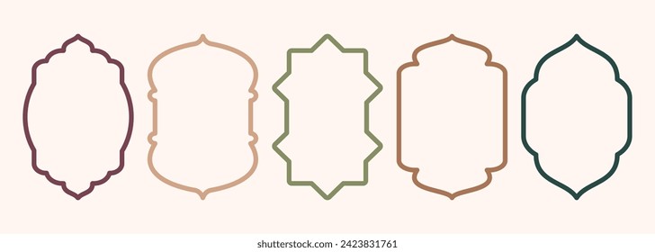 Shape Islamic door and window silhouette Arabic arch. Collection of patterns in oriental style. Frames in Arabic Muslim design for Ramadan Kareem. Vector mosque gate stroke isolated on white