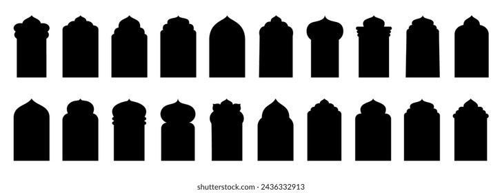 Shape Islamic door and window silhouette Arabic arch. Collection of patterns in oriental style. Frames in Arabic Muslim design for Ramadan Kareem. Vector mosque gate shape isolated on white background