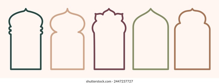 Forma puerta islámica y ventana silueta arco árabe. Colección de patrones en estilo oriental. Marcos en diseño árabe musulmán para Ramadan Kareem. Vector puerta de la mezquita trazo aislado en blanco